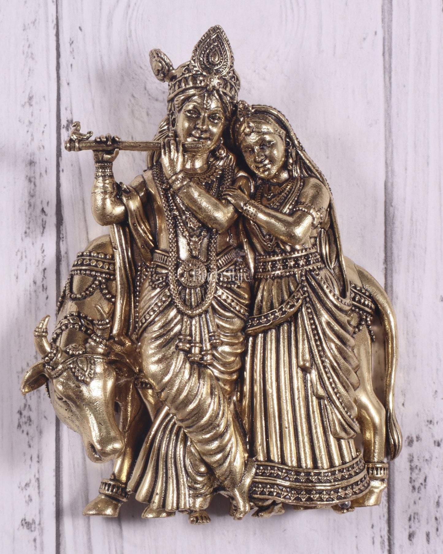 Divine brass Radha Krishna with Cow Wall Hanging – Small & Lightweight, 4 Inch - Budhshiv.com