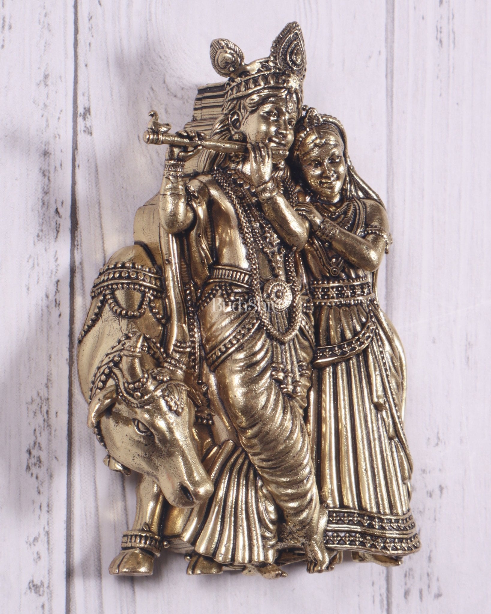Divine brass Radha Krishna with Cow Wall Hanging – Small & Lightweight, 4 Inch - Budhshiv.com