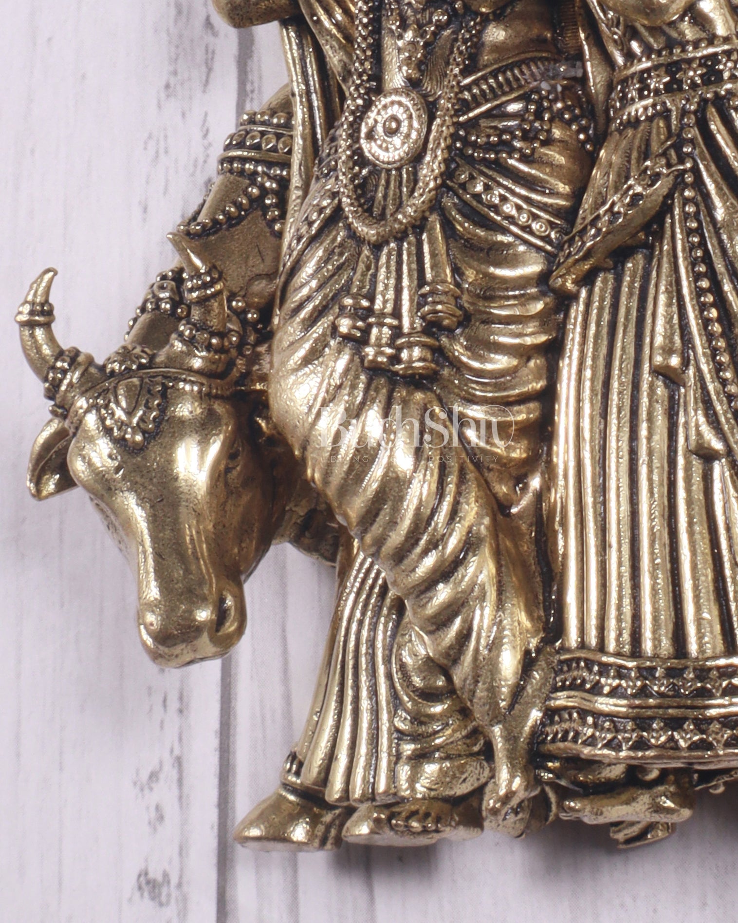 Divine brass Radha Krishna with Cow Wall Hanging – Small & Lightweight, 4 Inch - Budhshiv.com