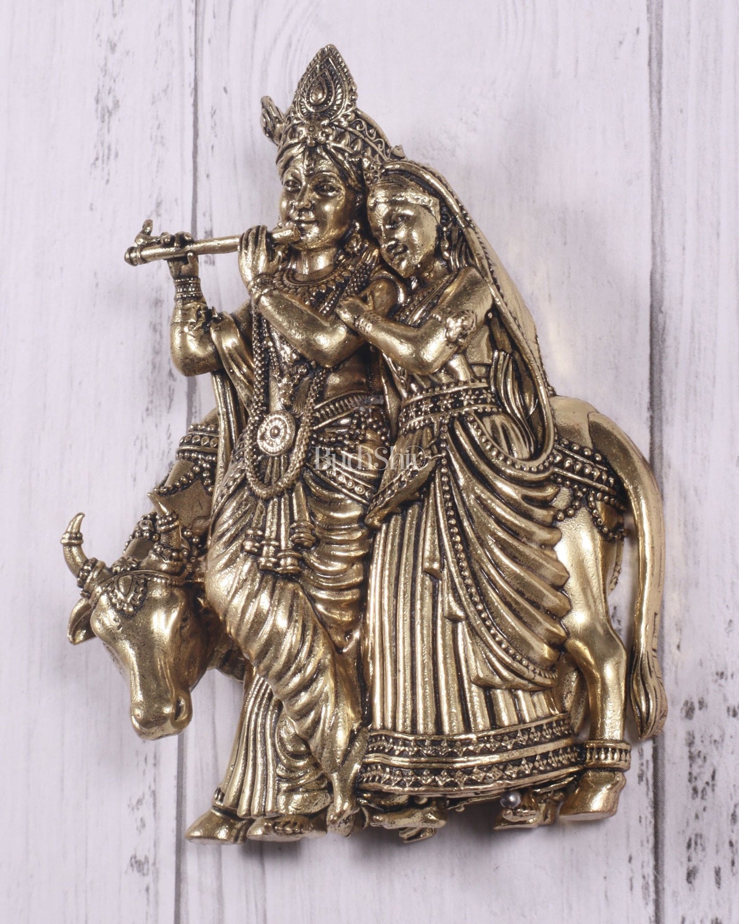 Divine brass Radha Krishna with Cow Wall Hanging – Small & Lightweight, 4 Inch - Budhshiv.com