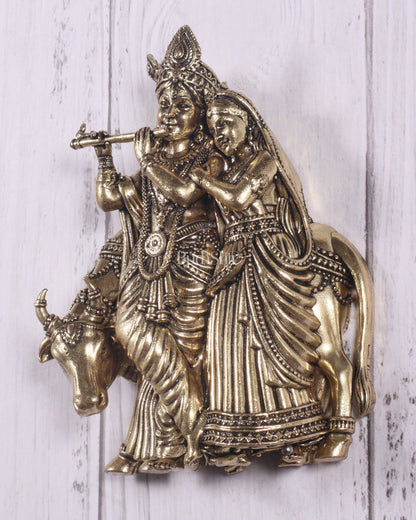 Divine brass Radha Krishna with Cow Wall Hanging – Small & Lightweight, 4 Inch - Budhshiv.com
