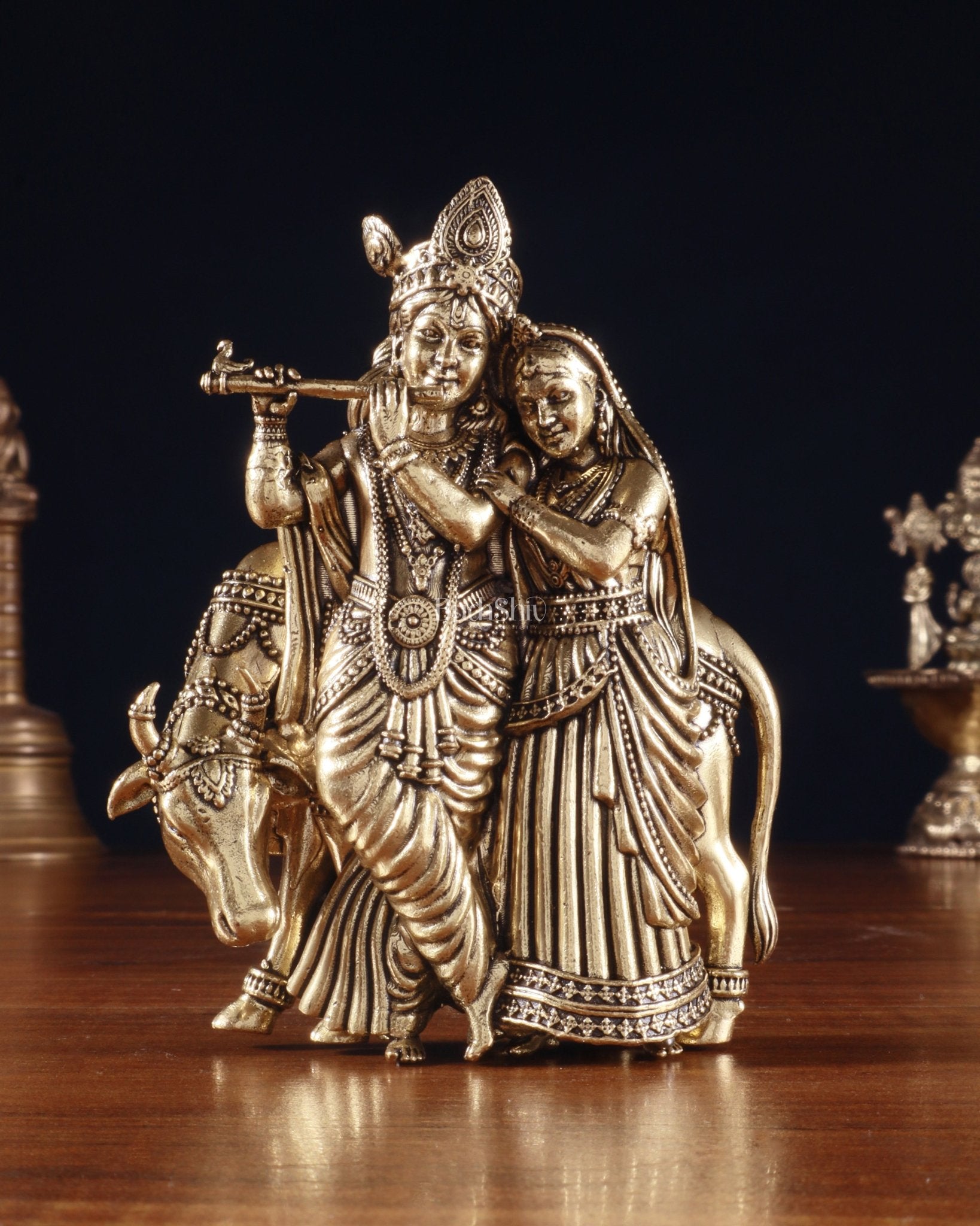 Divine brass Radha Krishna with Cow Wall Hanging – Small & Lightweight, 4 Inch - Budhshiv.com