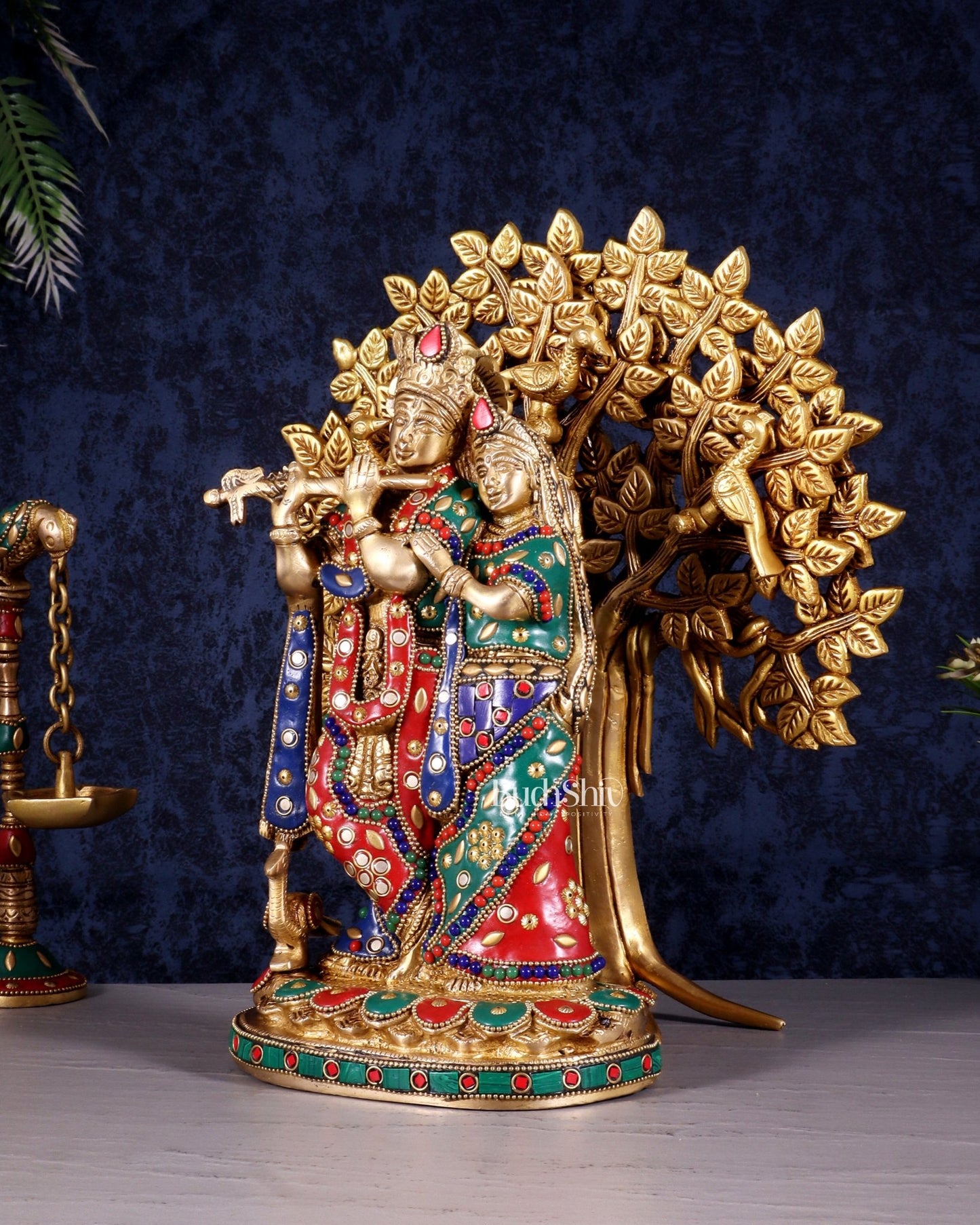 Divine Brass Radha Krishna with Kalpavriksha Tree of Life – Meenakari Stonework Set 12" - Budhshiv.com