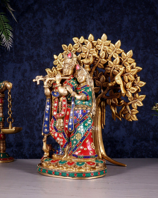 Divine Brass Radha Krishna with Kalpavriksha Tree of Life – Meenakari Stonework Set 12" - Budhshiv.com