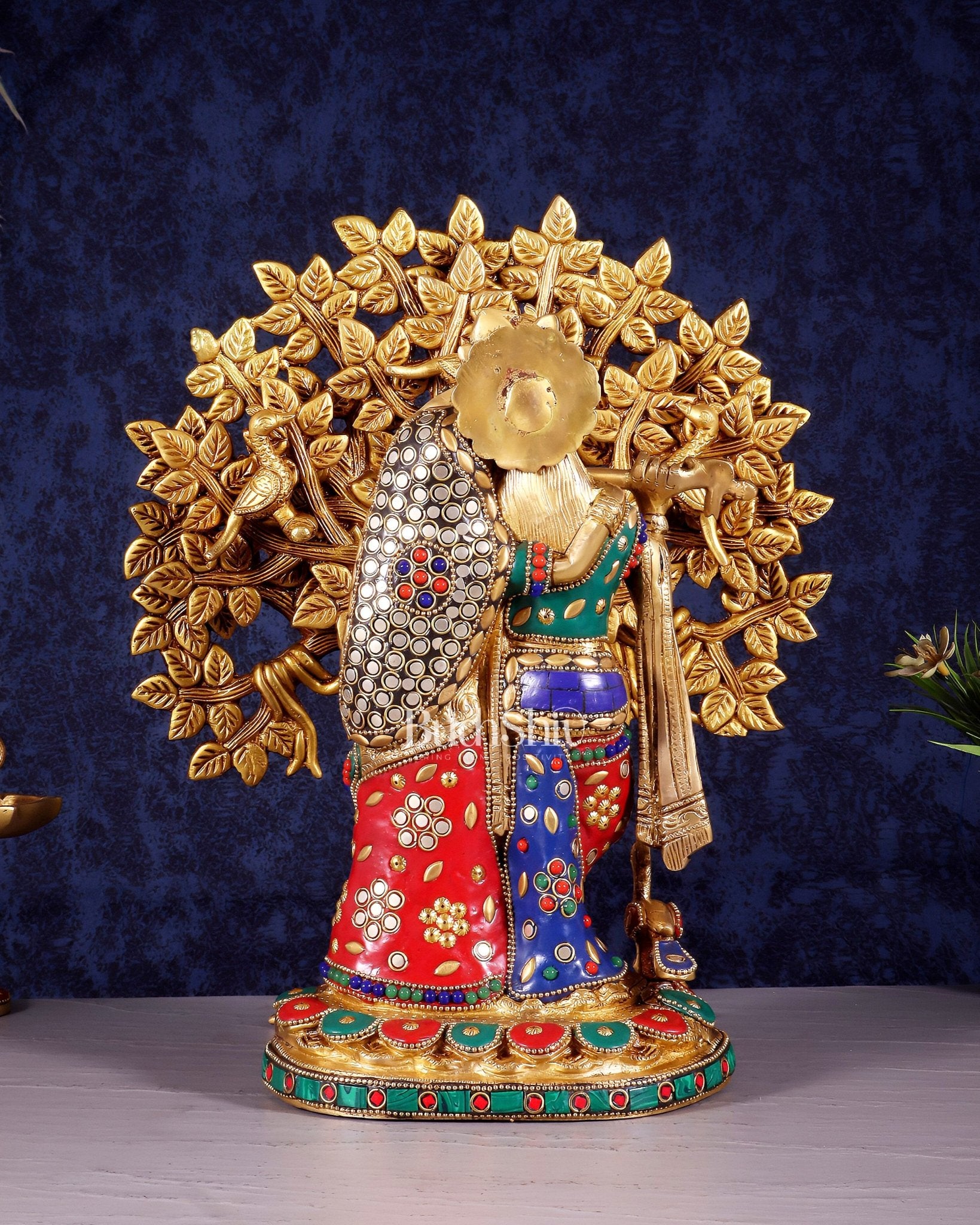 Divine Brass Radha Krishna with Kalpavriksha Tree of Life – Meenakari Stonework Set 12" - Budhshiv.com