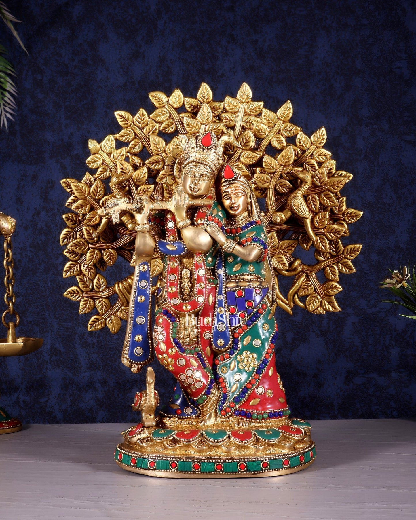 Divine Brass Radha Krishna with Kalpavriksha Tree of Life – Meenakari Stonework Set 12" - Budhshiv.com