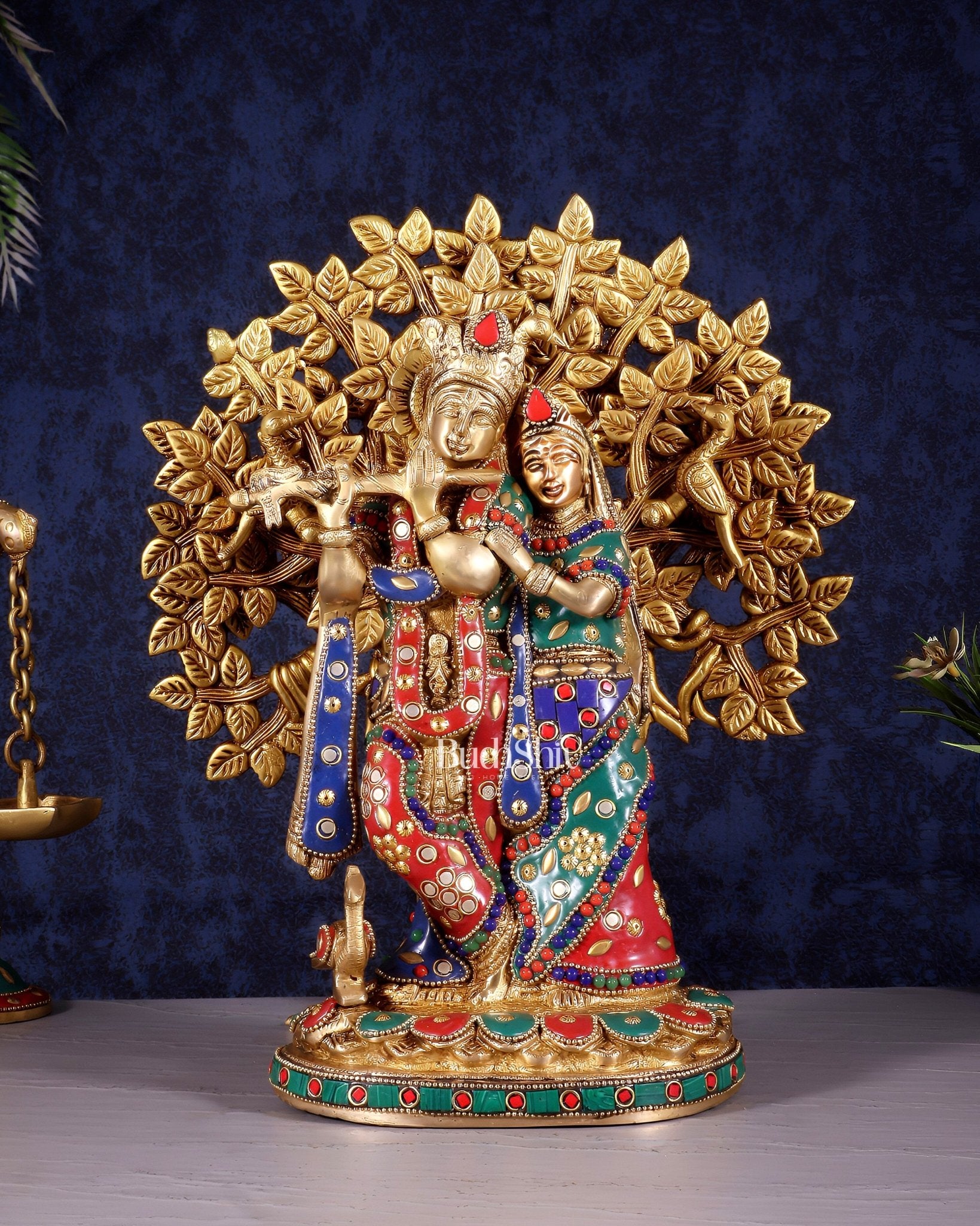 Divine Brass Radha Krishna with Kalpavriksha Tree of Life – Meenakari Stonework Set 12" - Budhshiv.com