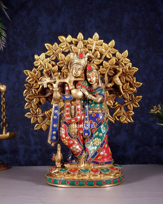 Divine Brass Radha Krishna with Kalpavriksha Tree of Life – Meenakari Stonework Set 12" - Budhshiv.com