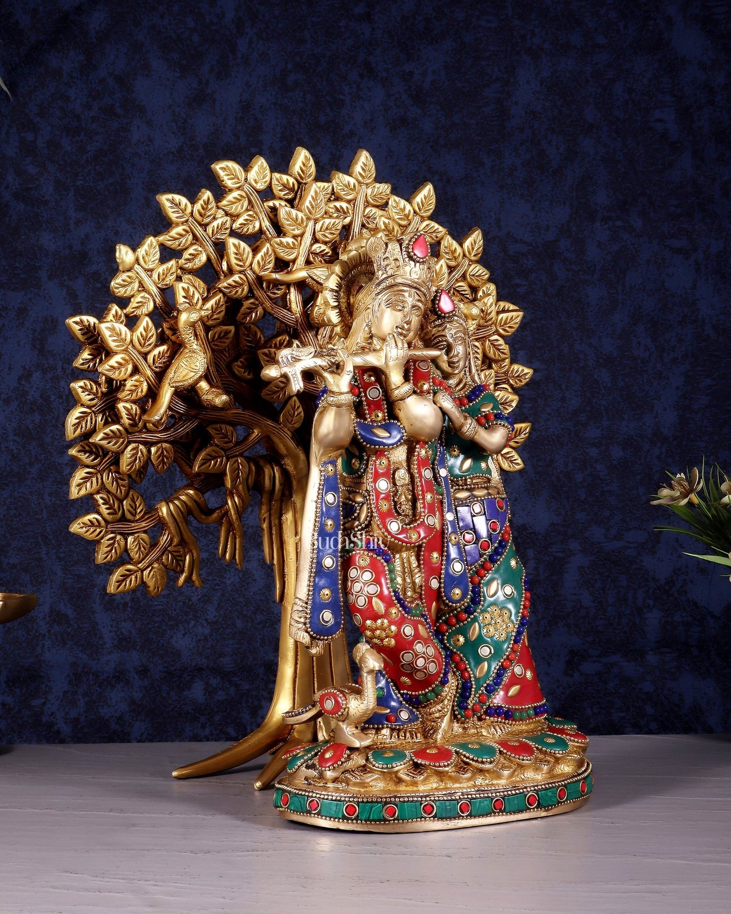 Divine Brass Radha Krishna with Kalpavriksha Tree of Life – Meenakari Stonework Set 12" - Budhshiv.com