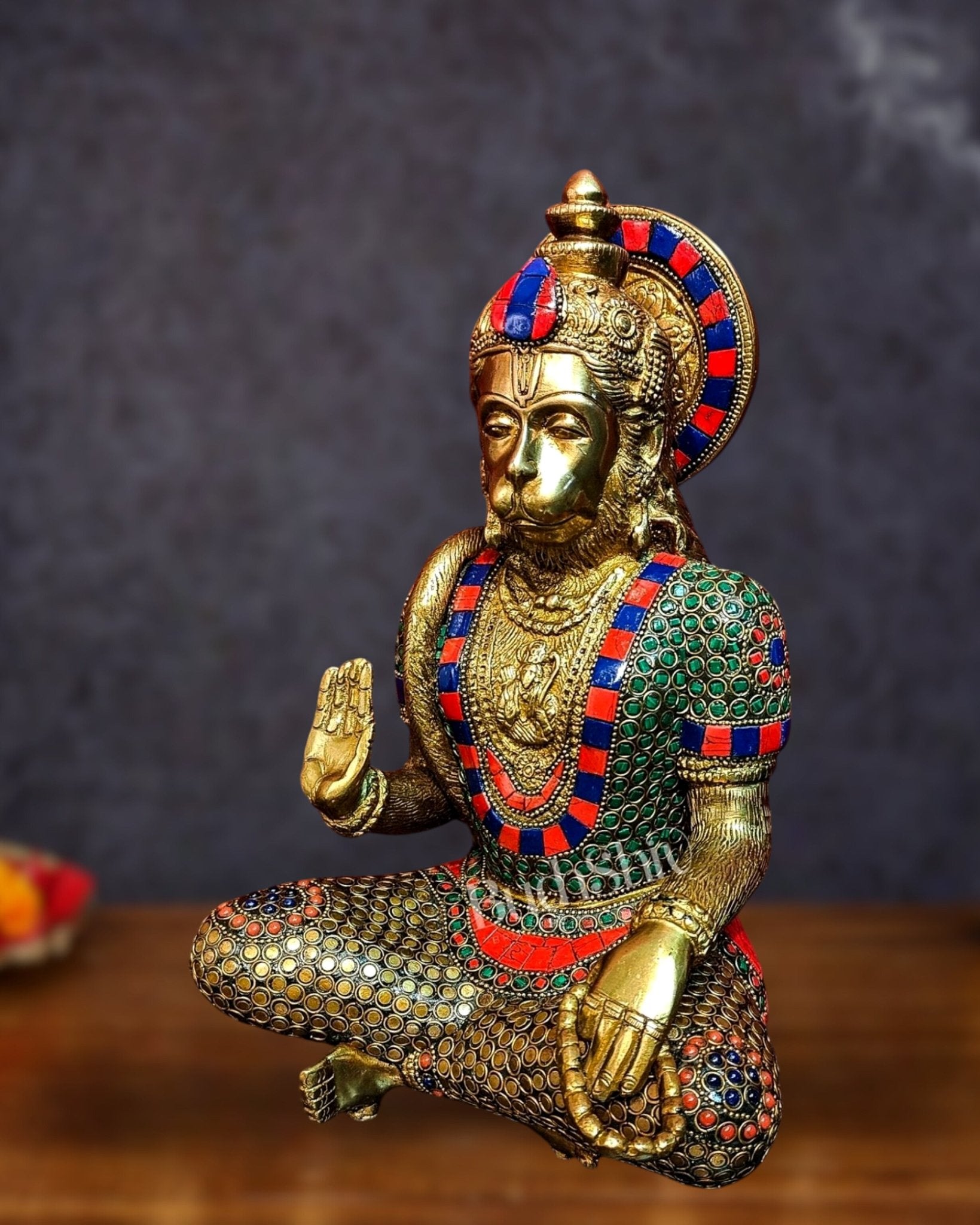 Divine Hanuman Brass Idol | Pure Brass with Stonework | 11" - Budhshiv.com