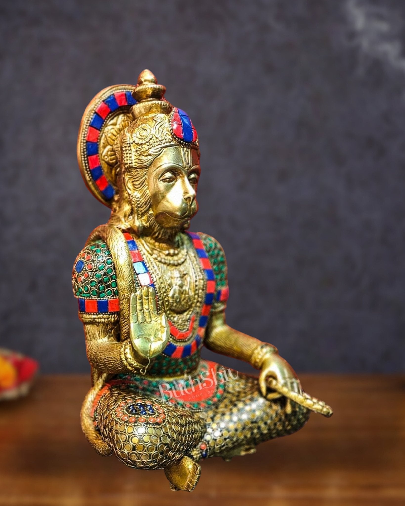 Divine Hanuman Brass Idol | Pure Brass with Stonework | 11" - Budhshiv.com