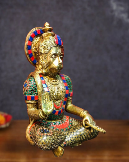 Divine Hanuman Brass Idol | Pure Brass with Stonework | 11" - Budhshiv.com