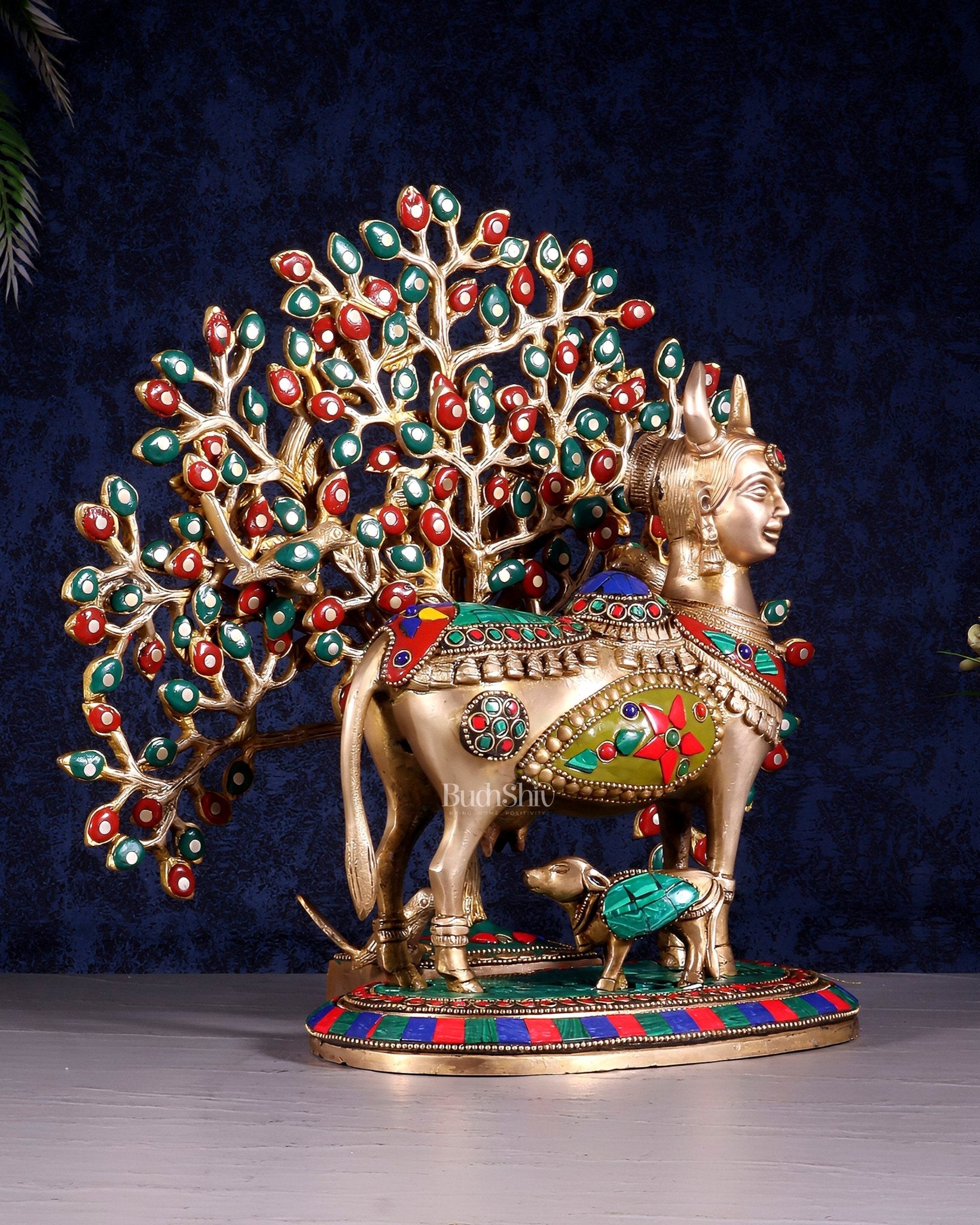 Divine Kamdhenu Cow with Calf and Kalpavriksha Tree – Brass Idol with Meenakari Work 11" - Budhshiv.com