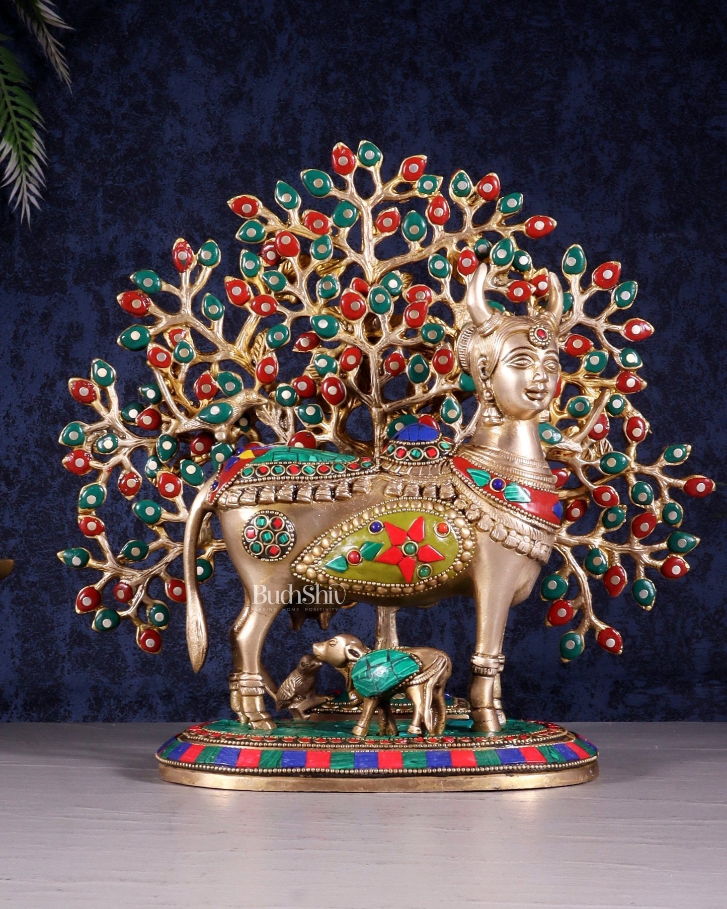 Divine Kamdhenu Cow with Calf and Kalpavriksha Tree – Brass Idol with Meenakari Work 11" - Budhshiv.com