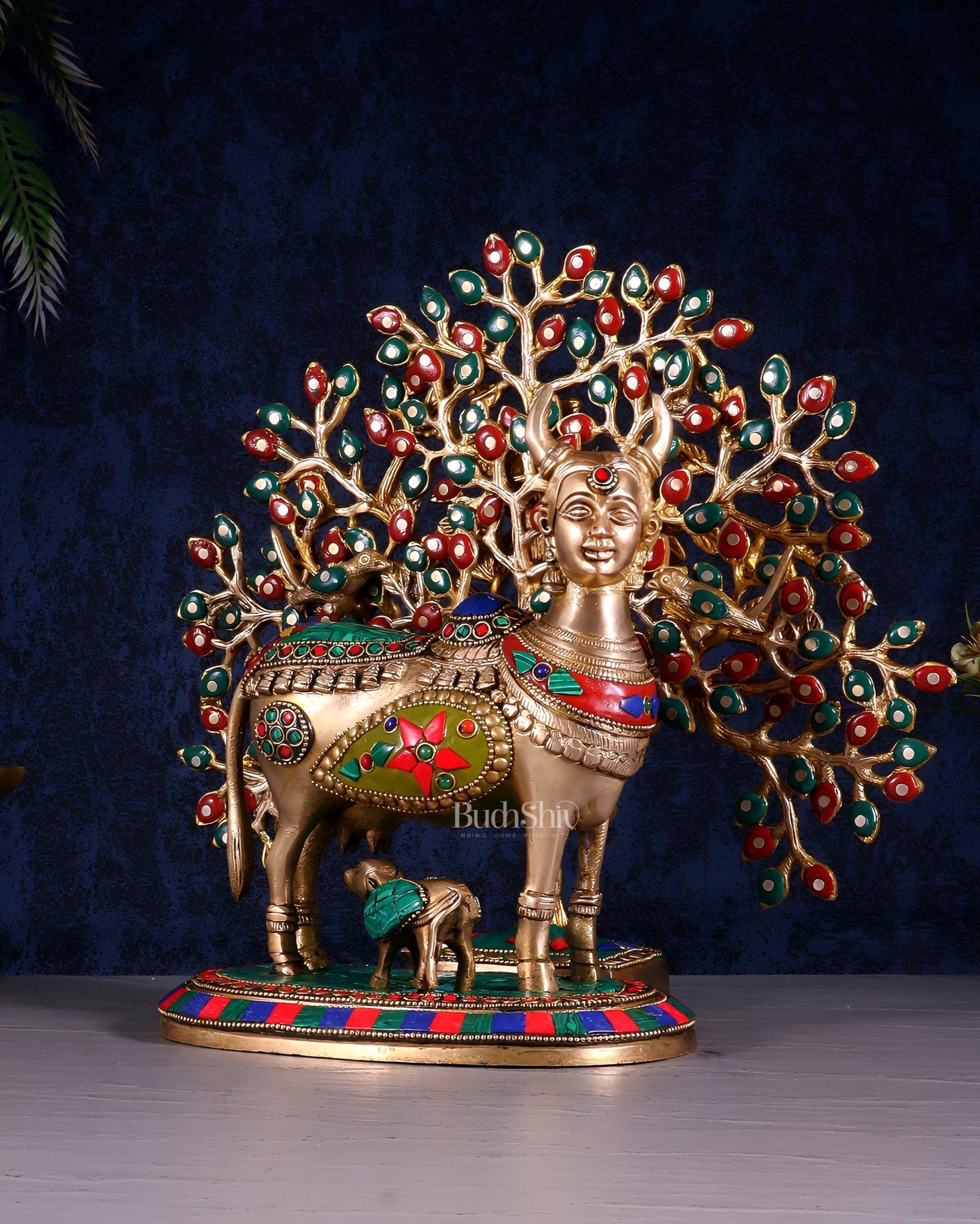 Divine Kamdhenu Cow with Calf and Kalpavriksha Tree – Brass Idol with Meenakari Work 11" - Budhshiv.com