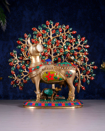 Divine Kamdhenu Cow with Calf and Kalpavriksha Tree – Brass Idol with Meenakari Work 11" - Budhshiv.com
