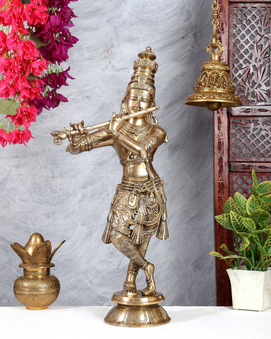 Divine Krishna Idol Superfine Brass 23 inch matte finish - Budhshiv.com