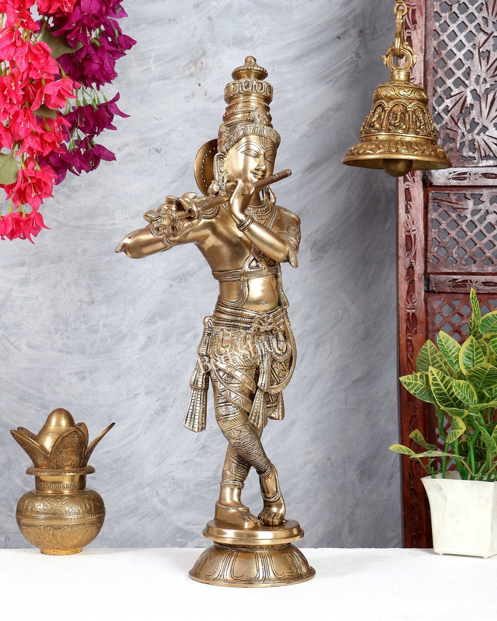 Divine Krishna Idol Superfine Brass 23 inch matte finish - Budhshiv.com