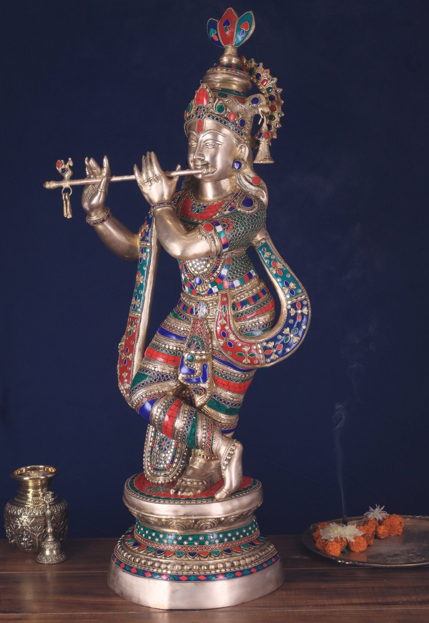 Divine Large brass Lord Krishna Statue - 36 inch with stonework - Budhshiv.com