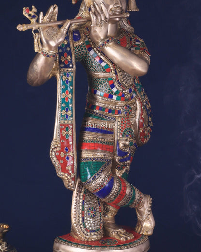 Divine Large brass Lord Krishna Statue - 36 inch with stonework - Budhshiv.com