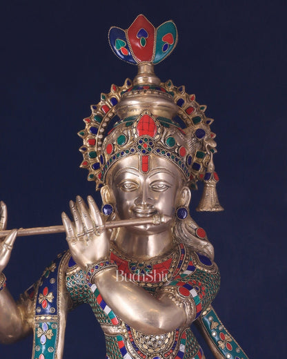 Divine Large brass Lord Krishna Statue - 36 inch with stonework - Budhshiv.com