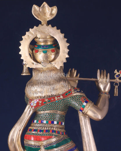 Divine Large brass Lord Krishna Statue - 36 inch with stonework - Budhshiv.com