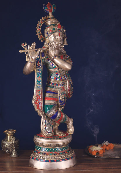 Divine Large brass Lord Krishna Statue - 36 inch with stonework - Budhshiv.com