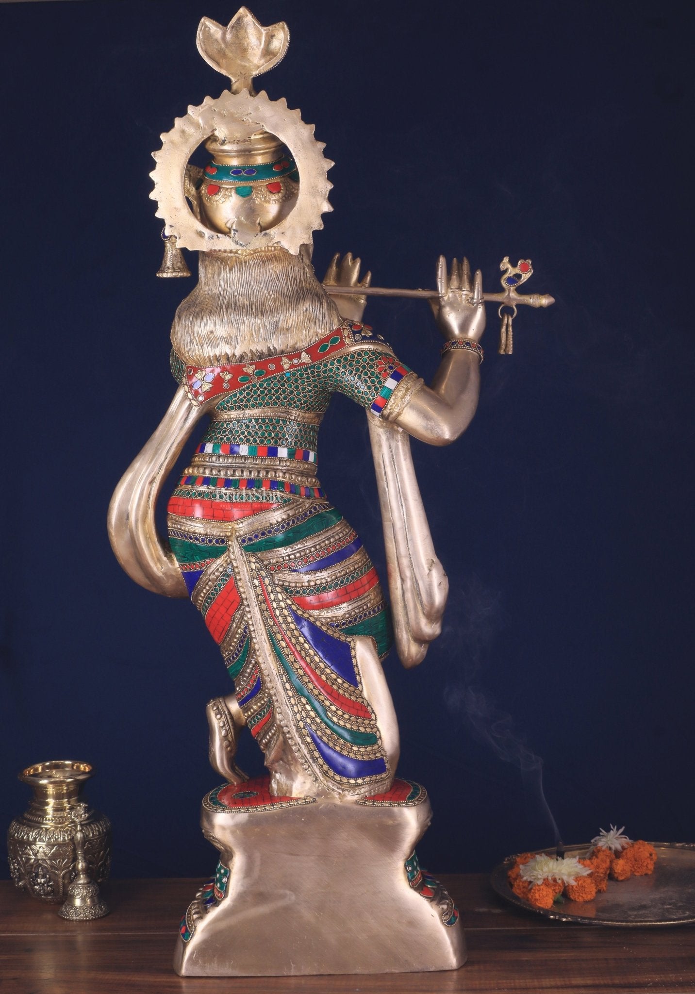 Divine Large brass Lord Krishna Statue - 36 inch with stonework - Budhshiv.com