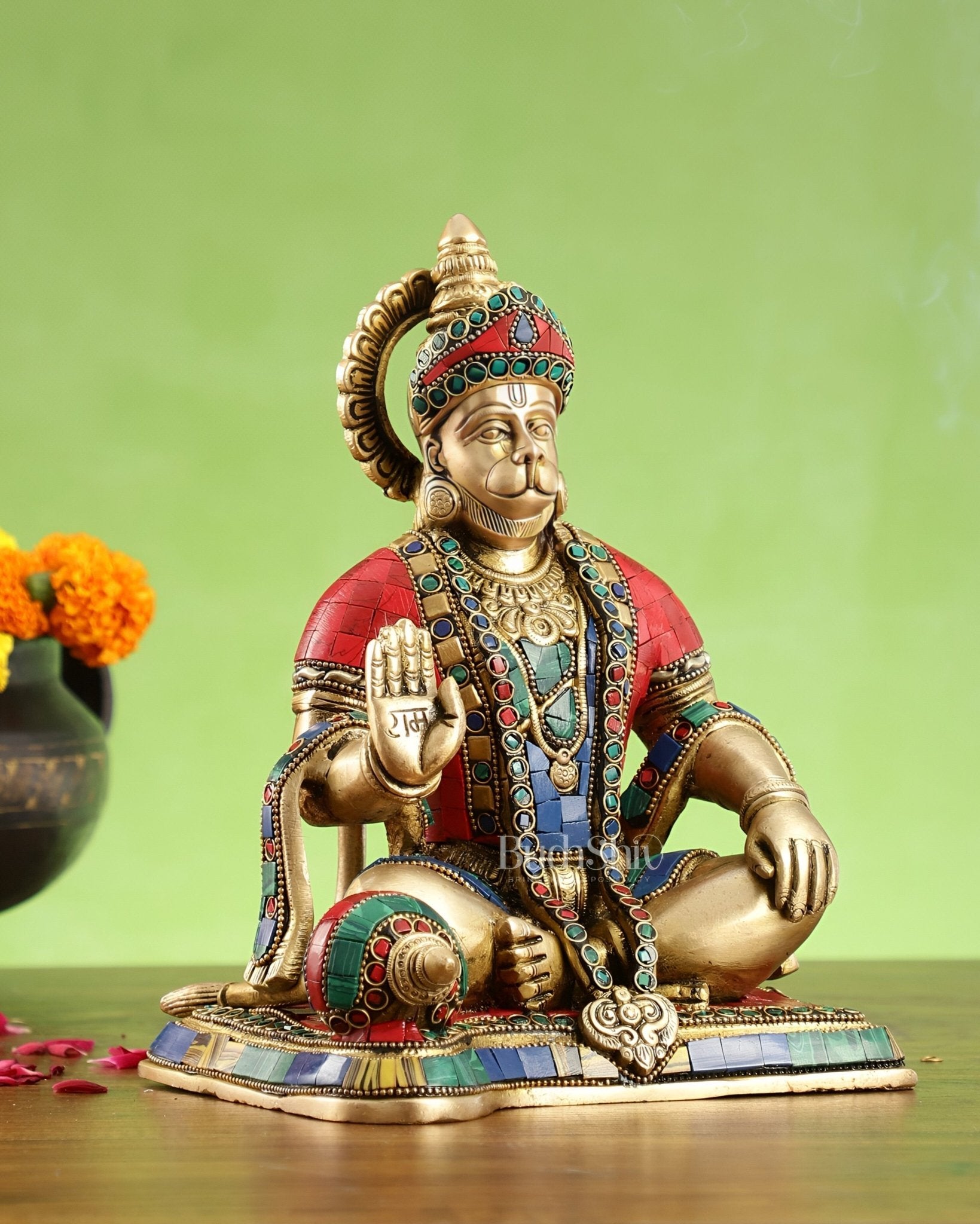 Divine Lord Hanuman Brass Idol 9.5" Tall | Meenakari Stonework - Budhshiv.com