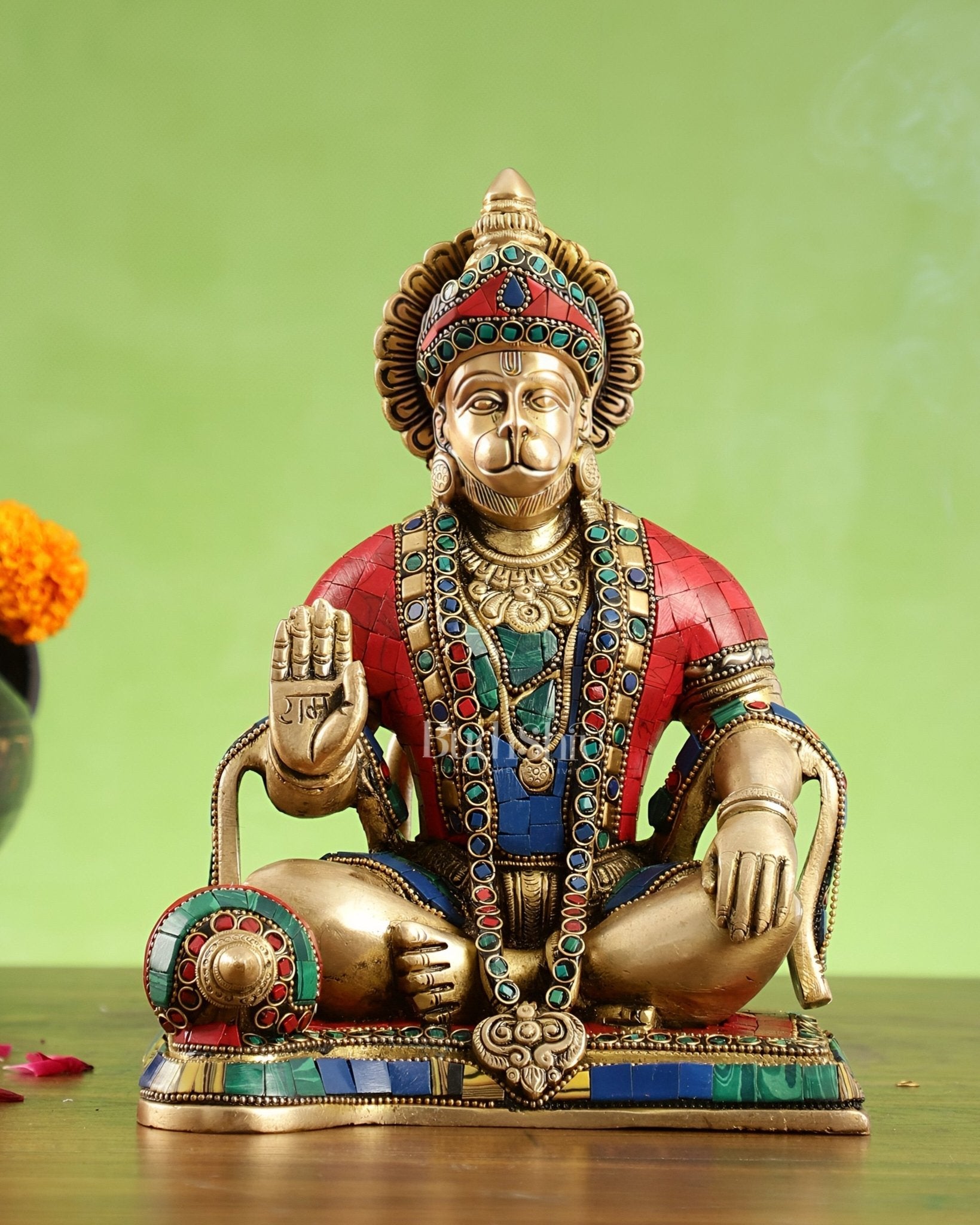 Divine Lord Hanuman Brass Idol 9.5" Tall | Meenakari Stonework - Budhshiv.com