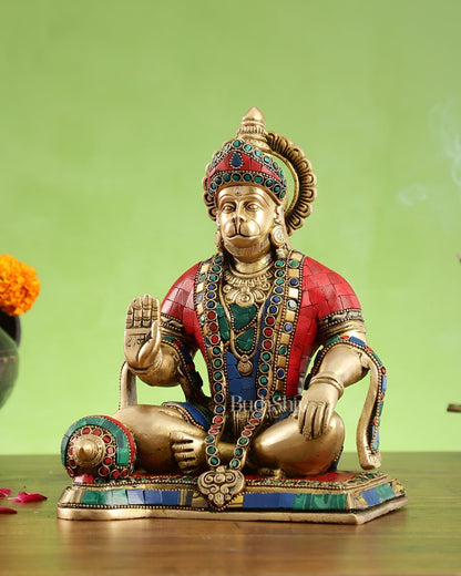 Divine Lord Hanuman Brass Idol 9.5" Tall | Meenakari Stonework - Budhshiv.com