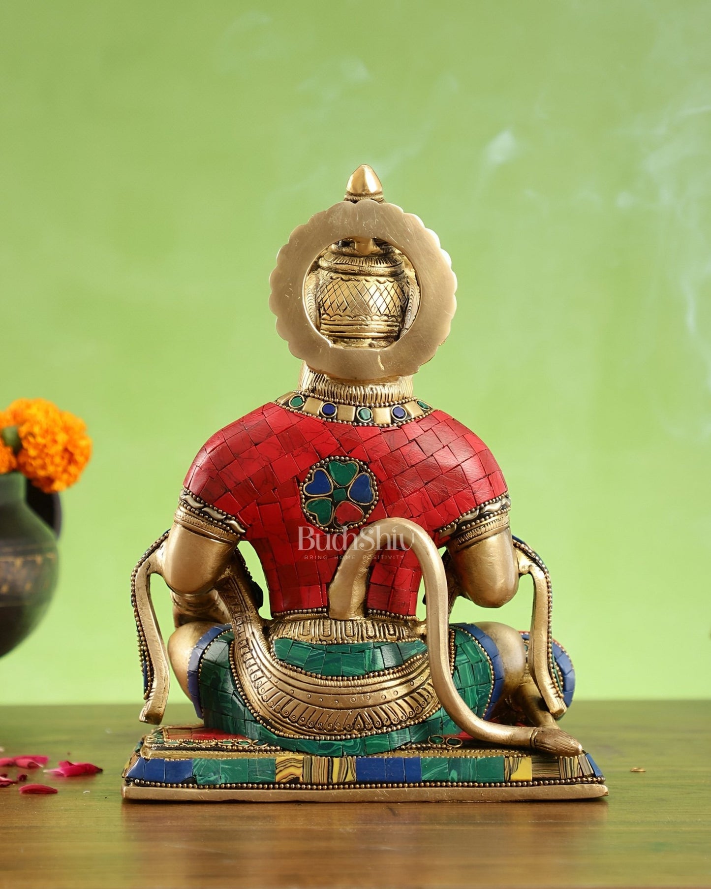 Divine Lord Hanuman Brass Idol 9.5" Tall | Meenakari Stonework - Budhshiv.com