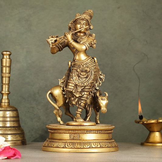 Divine Pure Brass Superfine Lord Krishna with Cow Idol - 10" Height - Budhshiv.com