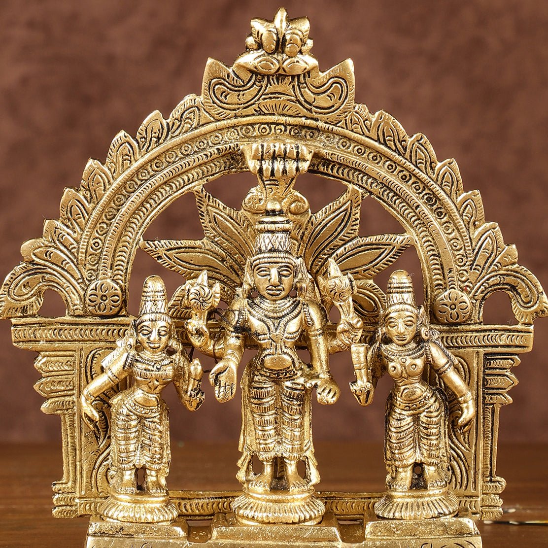 Divine Pure Brass Tirupati Balaji with Bhudevi and Sridevi Set with Thiruvarchi | Height: 5.5 inch - Budhshiv.com