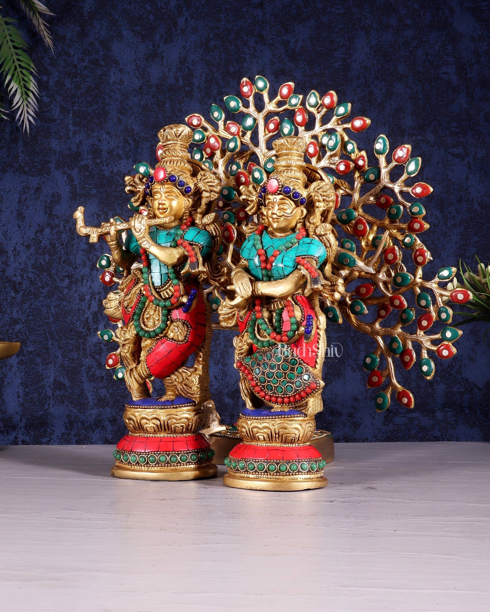 Divine Radha Krishna with Kalpavriksha Tree – Brass Set with Meenakari Stonework 11" - Budhshiv.com