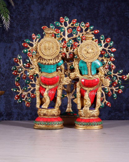 Divine Radha Krishna with Kalpavriksha Tree – Brass Set with Meenakari Stonework 11" - Budhshiv.com