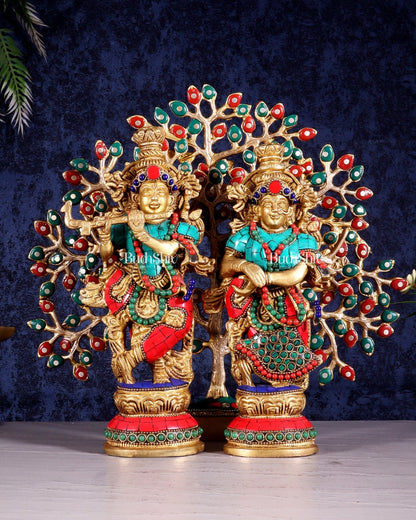 Divine Radha Krishna with Kalpavriksha Tree – Brass Set with Meenakari Stonework 11" - Budhshiv.com