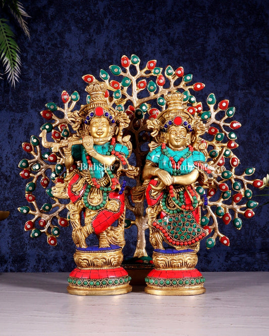 Divine Radha Krishna with Kalpavriksha Tree – Brass Set with Meenakari Stonework 11" - Budhshiv.com