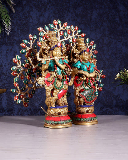 Divine Radha Krishna with Kalpavriksha Tree – Brass Set with Meenakari Stonework 11" - Budhshiv.com