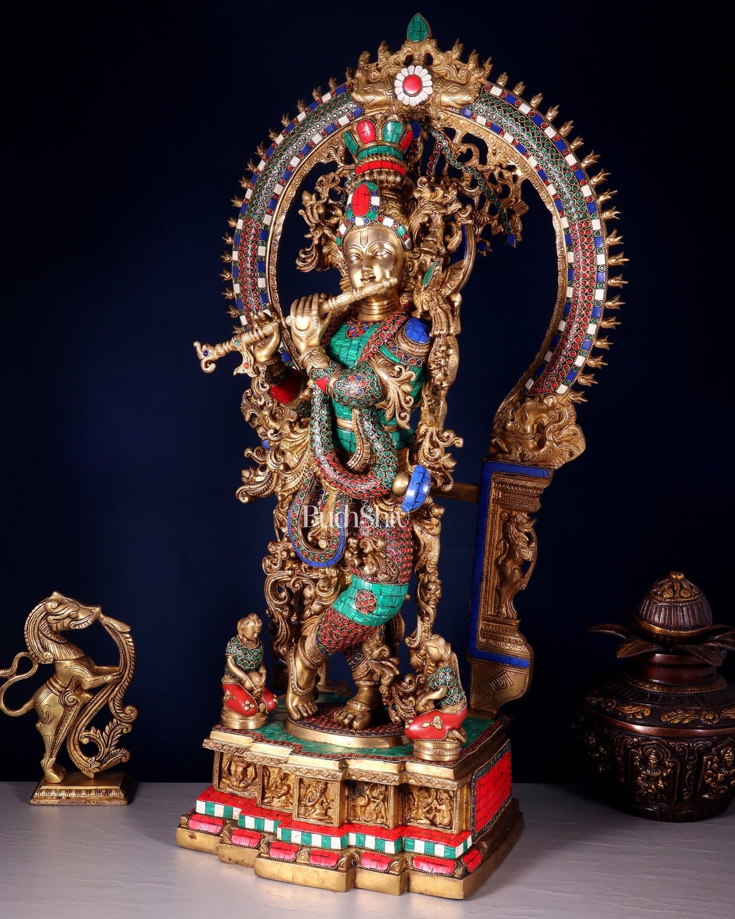 Divine Superfine Brass Krishna Statue 33 inch meenakari - Budhshiv.com