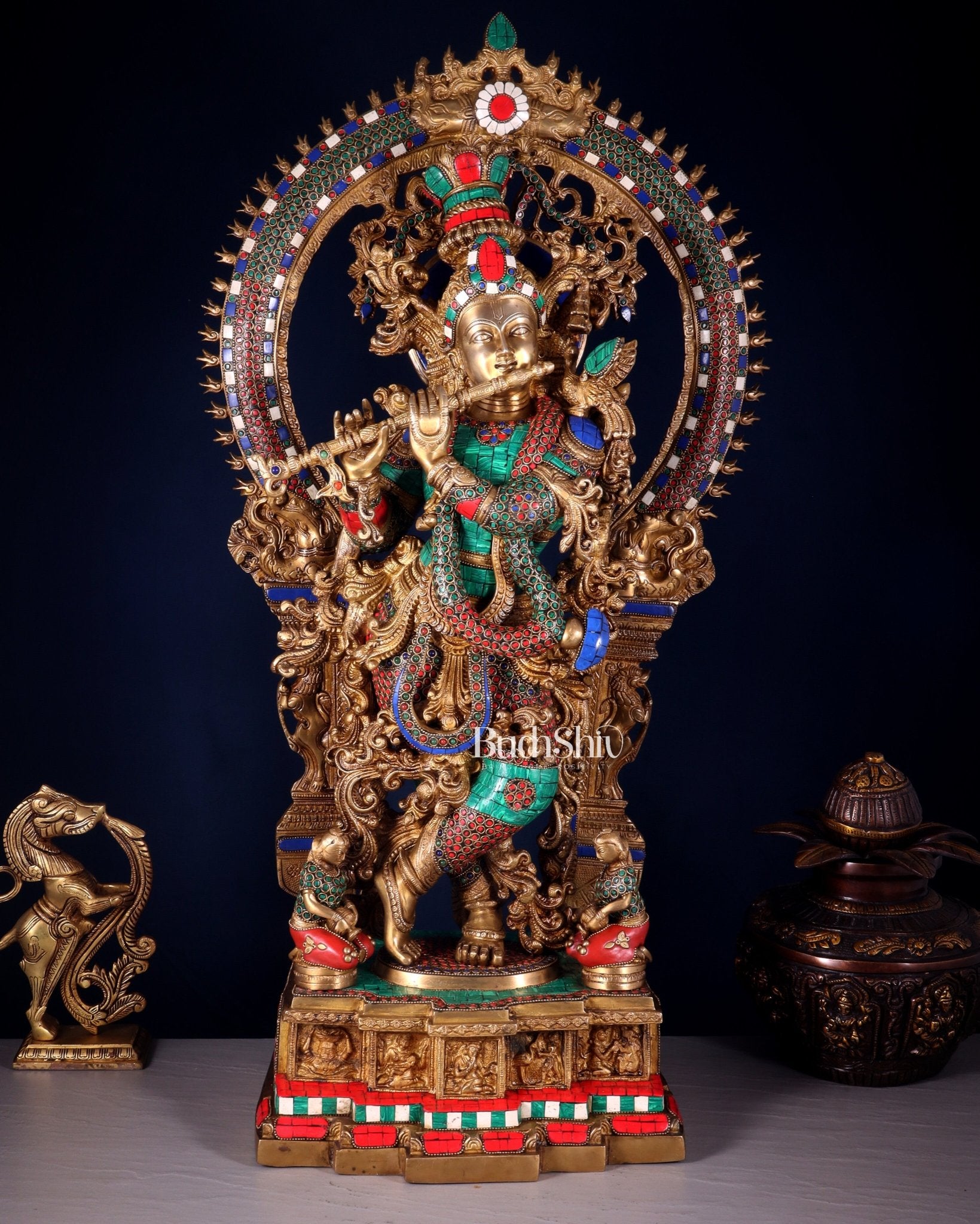Divine Superfine Brass Krishna Statue 33 inch meenakari - Budhshiv.com
