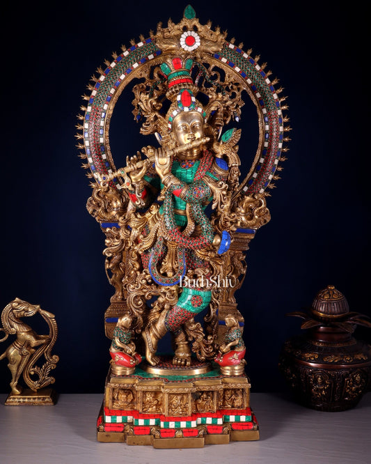 Divine Superfine Brass Krishna Statue 33 inch meenakari - Budhshiv.com
