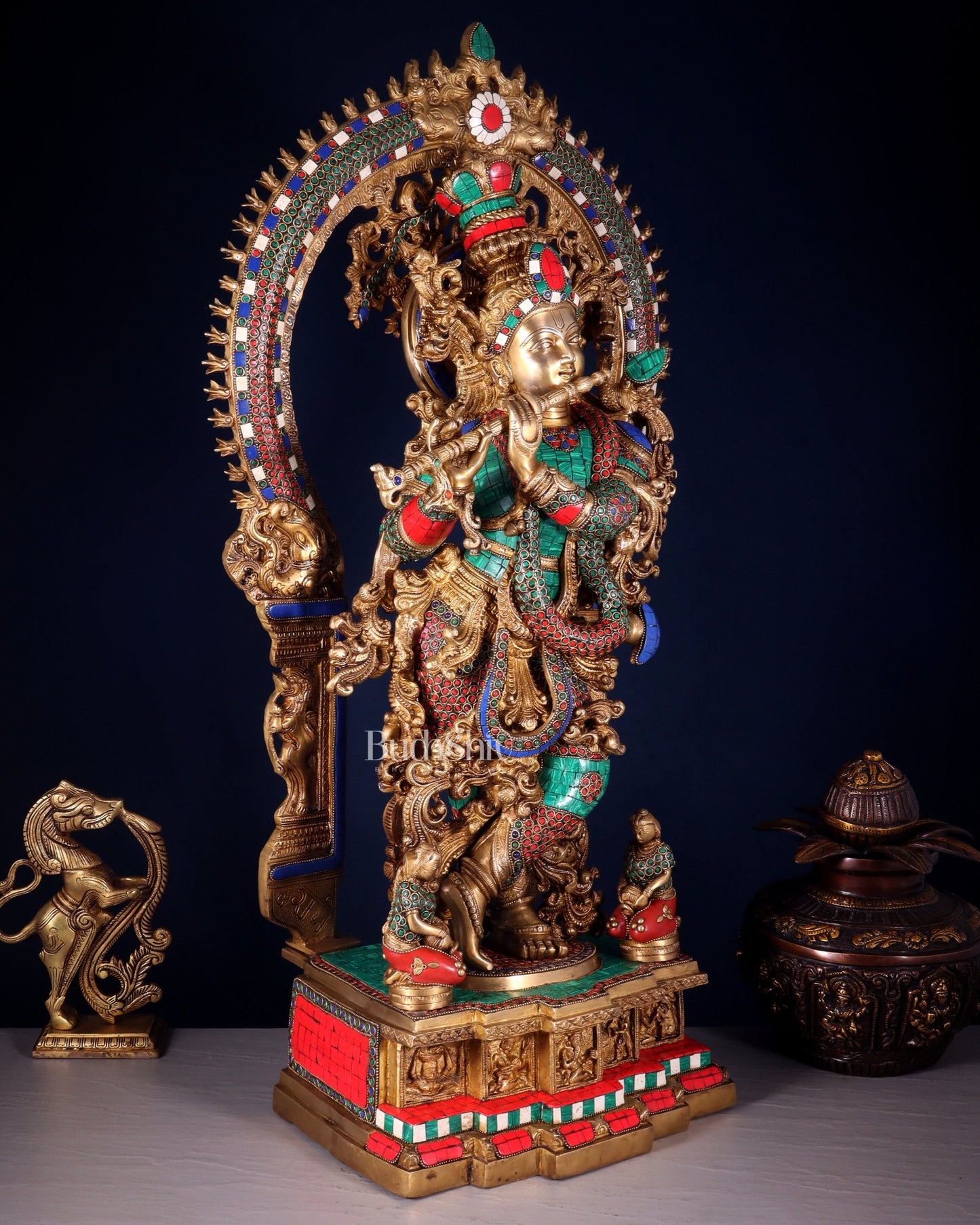 Divine Superfine Brass Krishna Statue 33 inch meenakari - Budhshiv.com