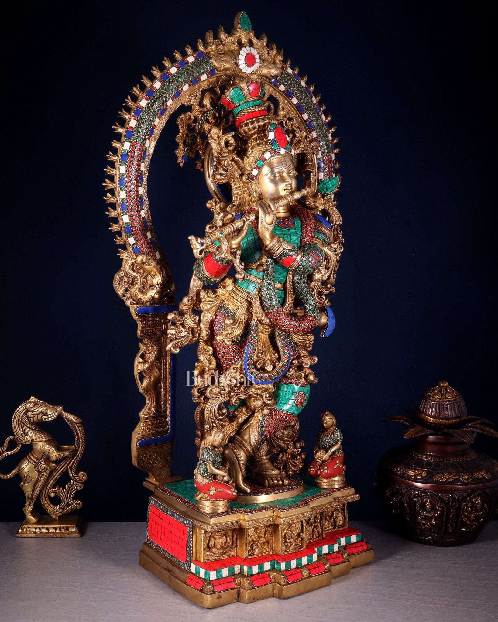 Divine Superfine Brass Krishna Statue 33 inch meenakari - Budhshiv.com