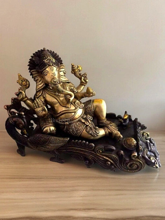 Dual tone 15 Inch Brass Ganapathi Idol on Peacock Throne - Handcrafted Masterpiece - Budhshiv.com