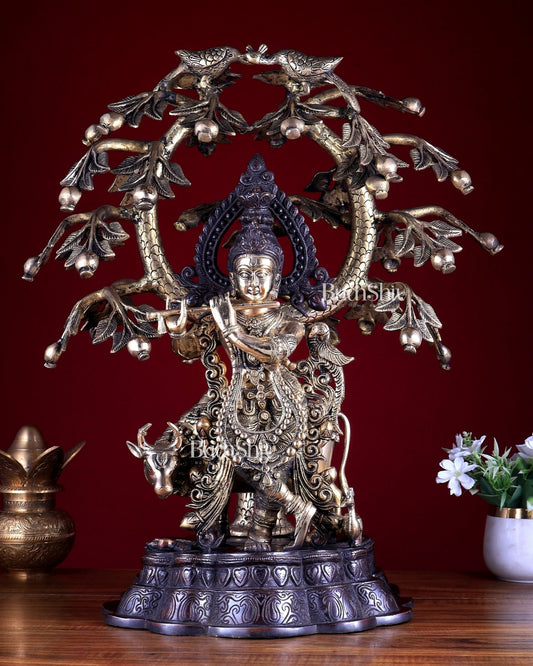 Dual Tone Brass Krishna with Cow Under Large Tree | 22 Inch Statue - Budhshiv.com