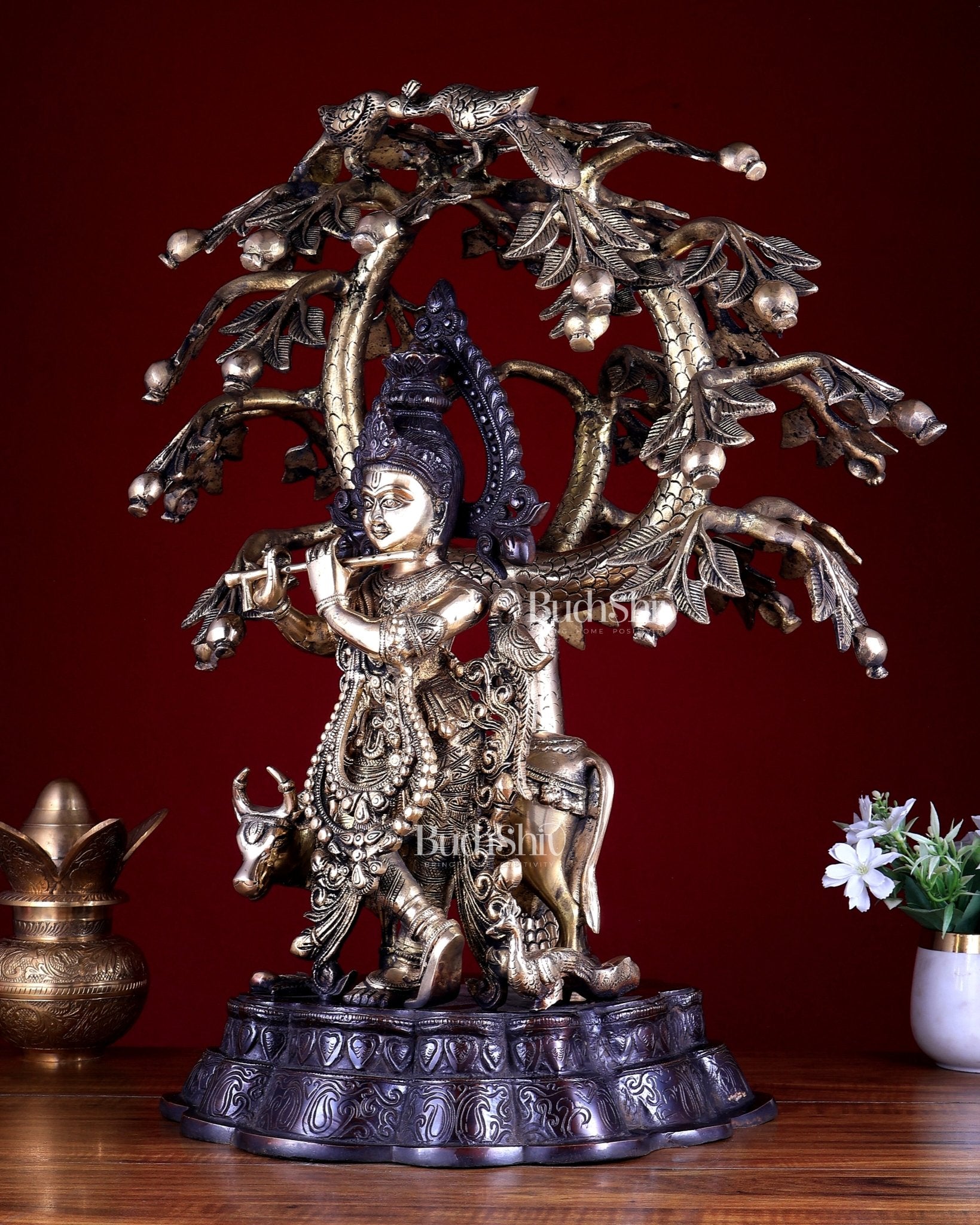 Dual Tone Brass Krishna with Cow Under Large Tree | 22 Inch Statue - Budhshiv.com