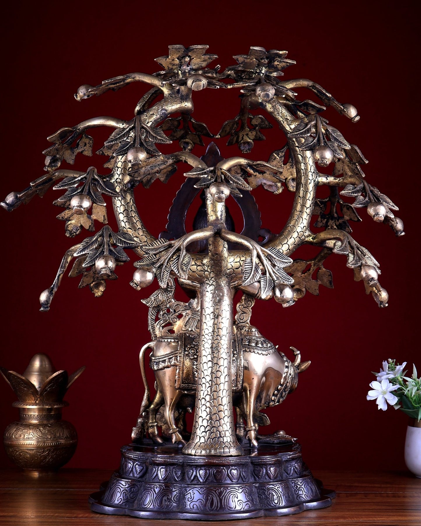 Dual Tone Brass Krishna with Cow Under Large Tree | 22 Inch Statue - Budhshiv.com