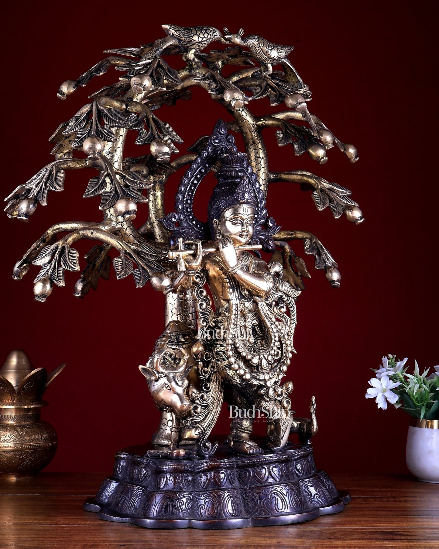 Dual Tone Brass Krishna with Cow Under Large Tree | 22 Inch Statue - Budhshiv.com