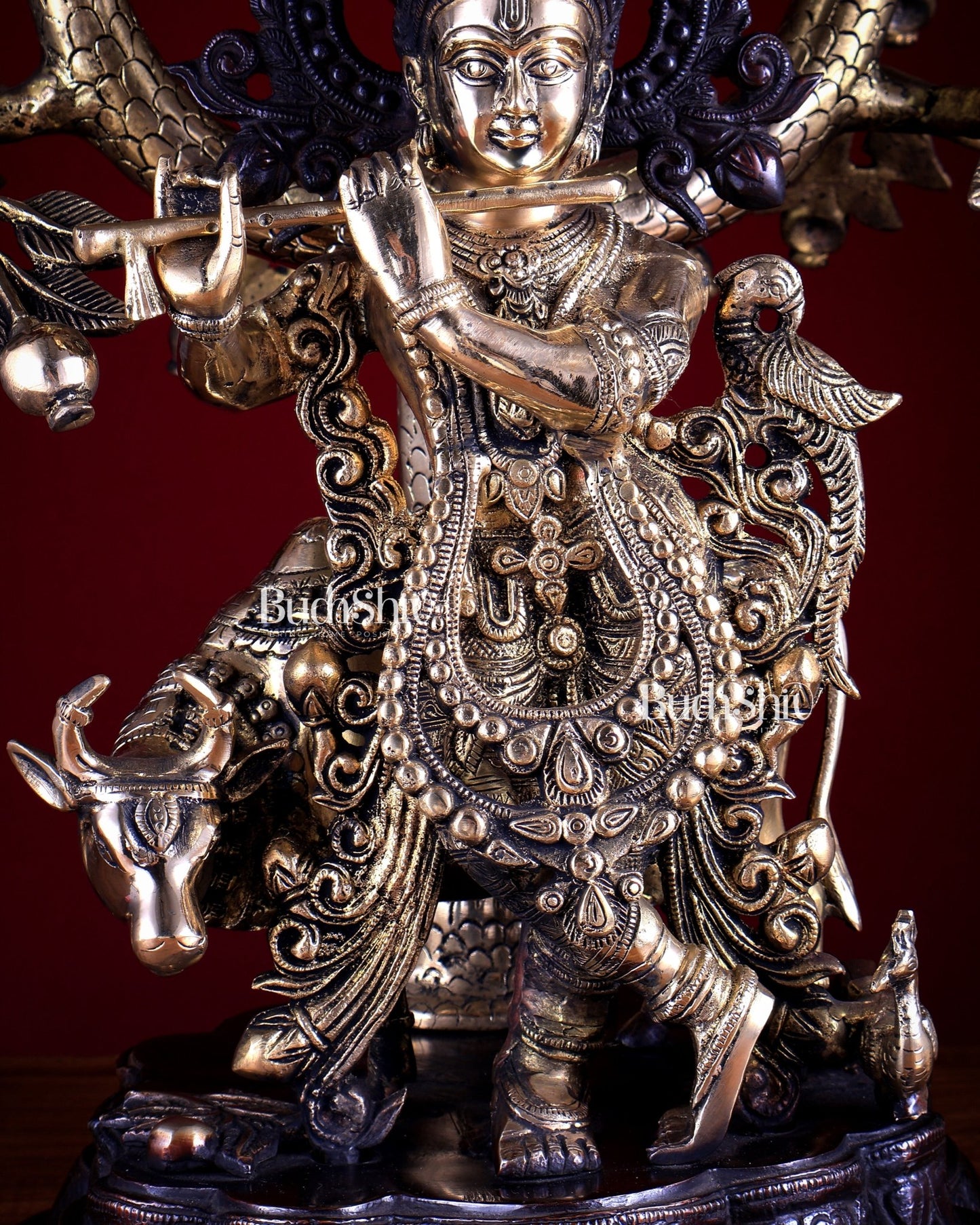 Dual Tone Brass Krishna with Cow Under Large Tree | 22 Inch Statue - Budhshiv.com